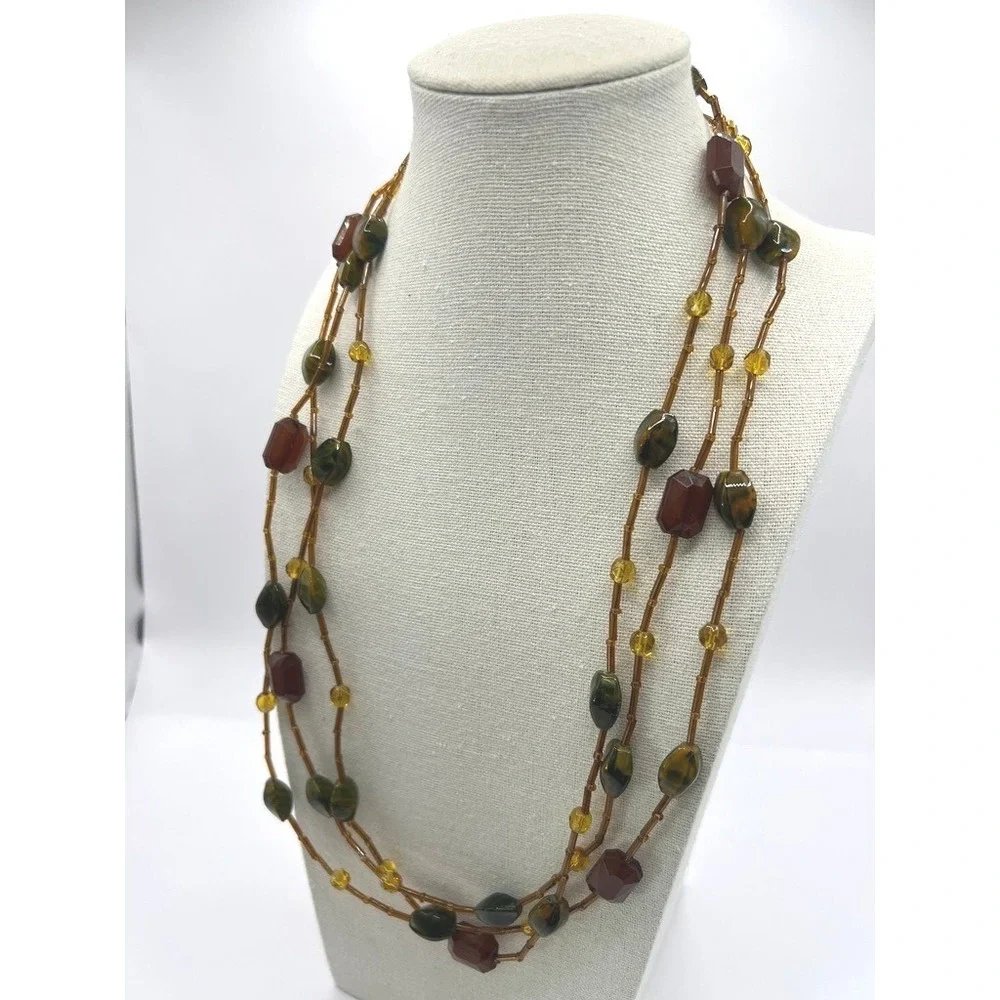 Glass‎ Stone Necklace Beaded Green Amber70